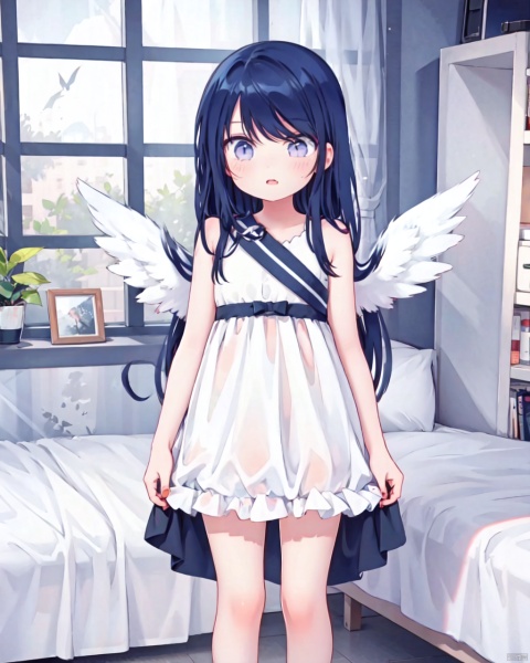 The girl has one or two pairs of angel wings, purple wings, big wings, revealing the whole body, standing, delicate details, perfect picture quality, intricate details