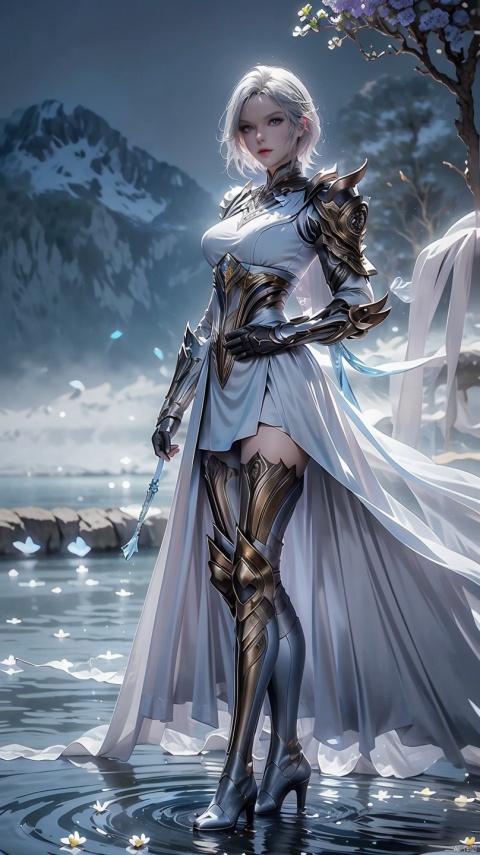  ,above the knee,appear on camera,short hair,grey hair,panorama,wonderland,light blue element,night,side light shining on the face,white_flower,armor,armored_boots,shoulder_guard, jmai