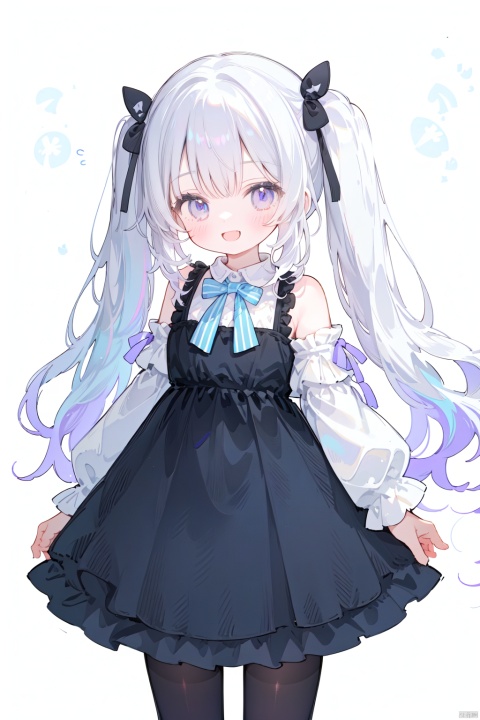  solo, long hair, looking at viewer, smile, open mouth, simple background, hair ornament, long sleeves, 1boy, white background, dress, bare shoulders, twintails, blue hair, standing, purple eyes, grey hair, male focus, pantyhose, multicolored hair, frills, striped, puffy sleeves, black dress, two side up, streaked hair, makeup, frilled dress, otoko no ko, striped thighhighs, vertical stripes, eyeshadow, crossdressing, petticoat, vertical-striped thighhighs, striped pantyhose,