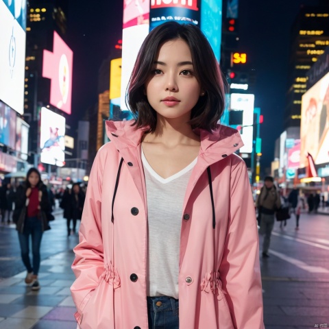  Ultra-high resolution, cinematic lighting,Woman wearing pink raincoat in Times Square,xxmix_girl,more detail , blue medium hair, mexican