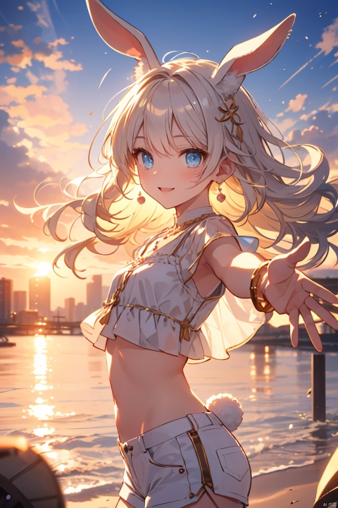  solo, (perfect face), (detailed outfit), (16 years old), cute female, (rabbit ears), happy, (happy expression), (outstretched arms), blonde hair, long hair, straight hair, blue eyes, light skin, small chest_circumference, white crop top, hot pants, pearl earrings, silver necklace, gold bracelet, from front, outdoor, beach, tetrapods, harbor, fishing boat, evening, clear, (masterpiece), (best quality), (sharp focus), (depth of field), (high res), (\shen ming shao nv\)
