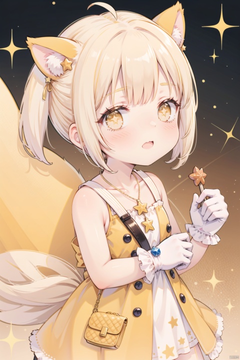  1girl, animal_ears, cross, furry, furry_female, gloves, orange_eyes, solo, sparkle, star_\(symbol\), star_hair_ornament, star_necklace, star_pasties, star_print, starfish, starry_background, tail, white_hair, yellow_background, yellow_theme, loli,cute girl