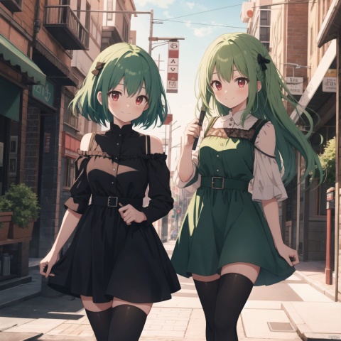 vibrant colors, 2 females, masterpiece, sharp focus, best quality, depth of field, cinematic lighting, green hair, very long hair, red eyes, black thighhighs, dress, outdoors, town, sidewalk, smile, close up, thick thighs