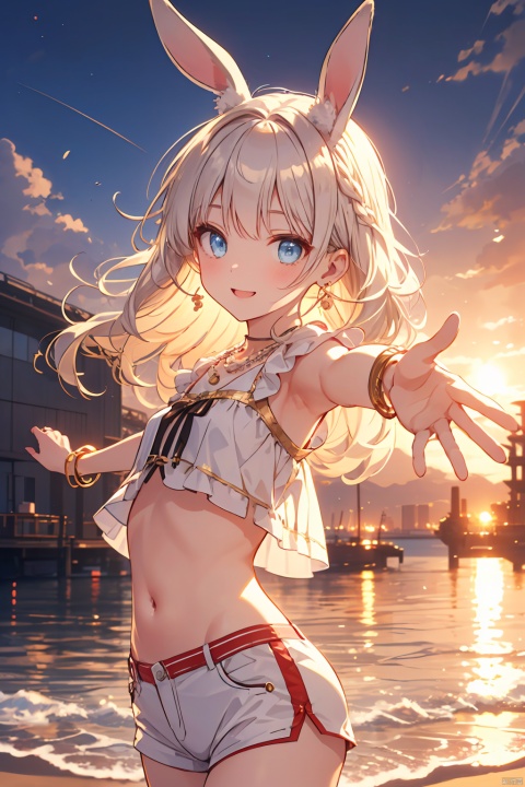  solo, (perfect face), (detailed outfit), (16 years old), cute female, (rabbit ears), happy, (happy expression), (outstretched arms), blonde hair, long hair, straight hair, blue eyes, light skin, small chest_circumference, white crop top, hot pants, pearl earrings, silver necklace, gold bracelet, from front, outdoor, beach, tetrapods, harbor, fishing boat, evening, clear, (masterpiece), (best quality), (sharp focus), (depth of field), (high res), (\shen ming shao nv\)