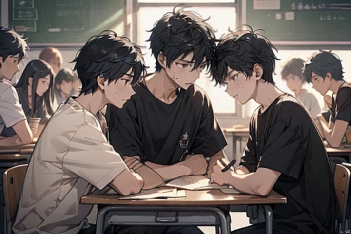  A group of students sitting and studying in the classroom，Group of 2，（Huge crowds of people:1.5），（male，Black T-shirt，Black short hair，Painful or sad expression:1.5），Anime style4 K，animation rendering，Anime style。8k，Handsome anime side face，（Upper body display:1.8），（Movie Lighting:1.5），（Masterpiece：1.4），（Ultra-high detail:1.5），（Best quality:1.5), There are students of different grades present, But there are exceptions，(male:1.5)