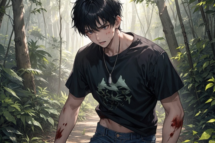  (Forest: 1.5), a young man with short black hair, black T-shirt, blue jeans, standing with his hand covering the bleeding wound on his stomach, injured, bleeding, painful, and ferocious, about to fall into a coma