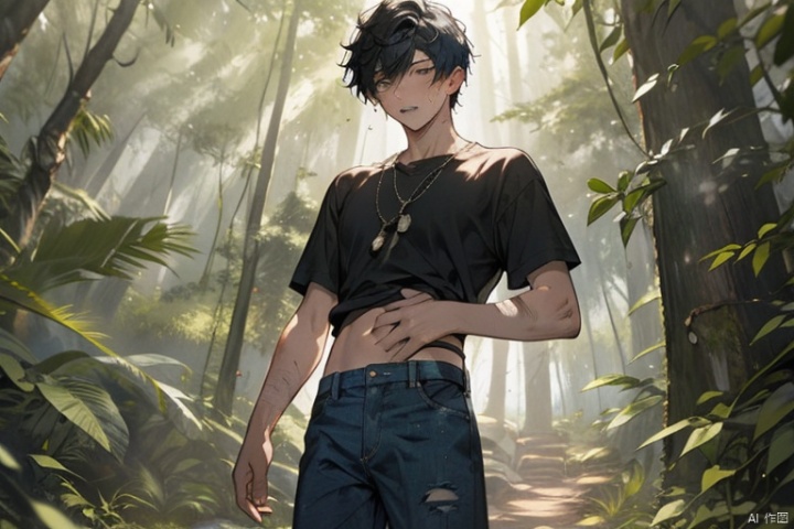 (Forest: 1.5), a young man with short black hair, black T-shirt, blue jeans, standing with his hand covering his stomach, injured, bleeding, painful, ferocious, about to fall into a coma
