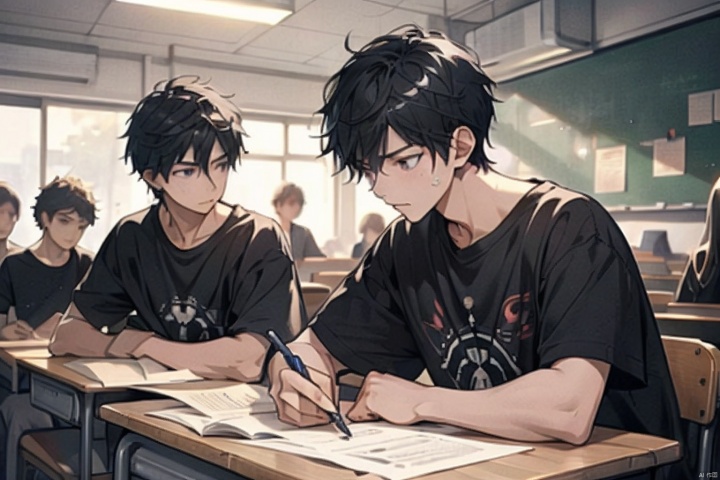 A group of students sitting and studying in the classroom，Group of 2，（Huge crowds of people:1.5），（male，Black T-shirt，Black short hair，Painful or sad expression:1.5），Anime style4 K，animation rendering，Anime style。8k，Handsome anime side face，（Upper body display:1.8），（Movie Lighting:1.5），（Masterpiece：1.4），（Ultra-high detail:1.5），（Best quality:1.5), There are students of different grades present, But there are exceptions，(male:1.5)