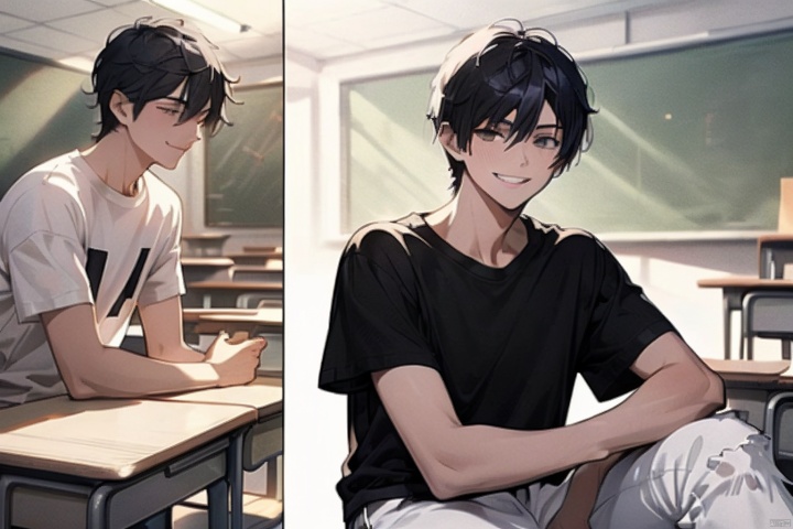  Anime style,4K,animation rendering,Anime style,8k,(Movie Lighting:1.2),(Masterpiece:1.4),(Ultra-high detail:1.3),(Best quality:1.3),(In classrooms，A young male，Black short hair，White T-shirt，Black jeans，Smile:1.4),（Turn around and talk to the boy next to him wearing a black T-shirt)，(There are some other students around，Huge crowds of people:1.4）
