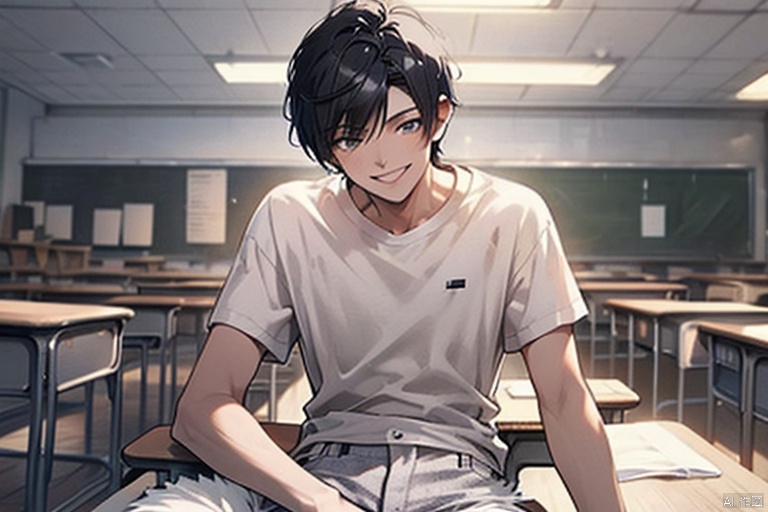  Anime style,4K,animation rendering,Anime style,8k,(Movie Lighting:1.2),(Masterpiece:1.4),(Ultra-high detail:1.3),(Best quality:1.3),(In classrooms，A young male，Black short hair，White T-shirt，Black jeans，Smile:1.4),（Turn around and talk to the boy next to him wearing a black T-shirt，There are some other students around，Huge crowds of people:1.2）
