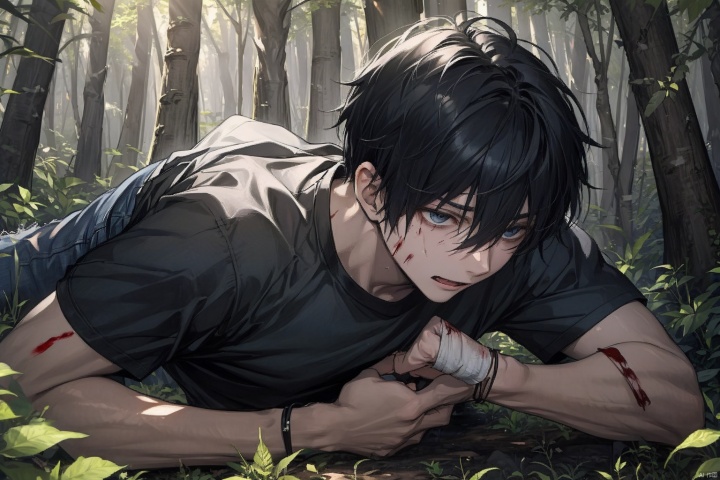  (Forest: 1.5), a young man with short black hair, black T-shirt, blue jeans, hands covering his stomach, injured, bleeding, painful, and ferocious