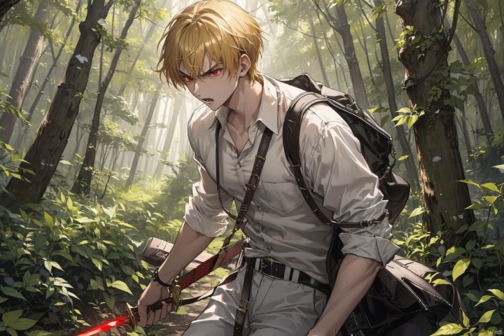  (Forest: 1.5), a young man with short golden hair, white shirt, black pants, standing, angry, red eyes, stabbing forward with a dagger, fighting, crazy, killing