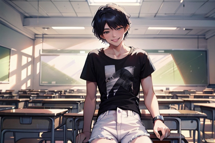  Anime style,4K,animation rendering,Anime style,8k,(Movie Lighting:1.2),(Masterpiece:1.4),(Ultra-high detail:1.3),(Best quality:1.3),(In classrooms，A young male，Black short hair，White T-shirt，Black jeans，Smile:1.4),（Turn around and talk to the boy next to him wearing a black T-shirt，There are some other students around，Huge crowds of people:1.4）
