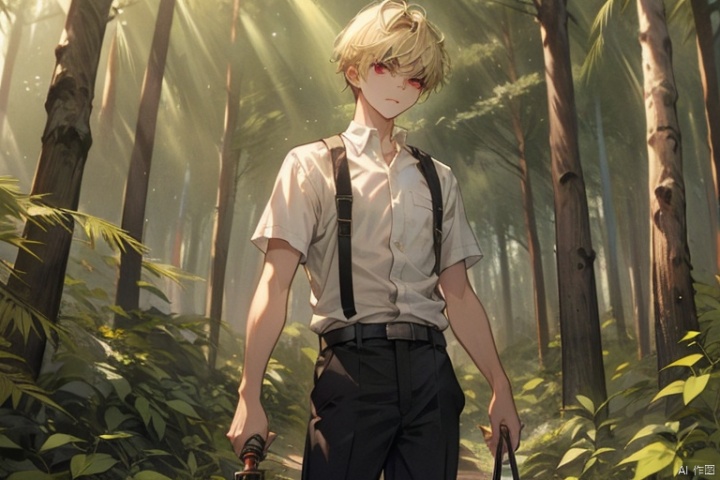 (Forest: 1.5), a young man with short blonde hair, white shirt, black pants, holding a dagger, standing, angry, red eyes, 