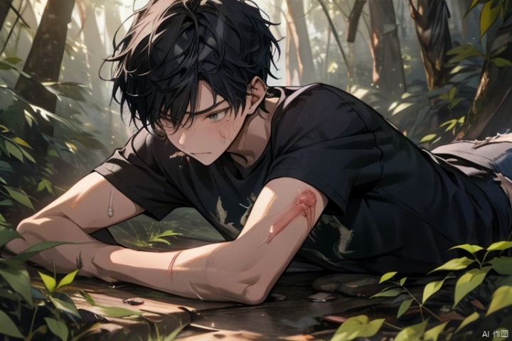 (Forest: 1.5), a young man with short black hair, black T-shirt, blue jeans, hands covering his stomach, injured, bleeding, painful, ferocious, about to fall into a coma