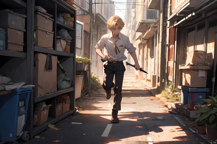 (School: 1.5), a young man with short golden hair, white shirt, black pants, holding a dagger, ran away, and could vaguely see an injured person on the ground in the distance