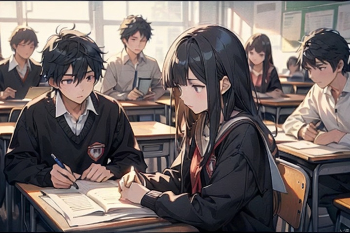  A group of students sitting and studying in the classroom，Group of 2，（Huge crowds of people:1.4），（male，Thinking about something or looking blank:1.4），Anime style4 K，animation rendering，Anime style。8k，Handsome anime side face，（Upper body display:1.4），（Movie Lighting:1.4），（Masterpiece：1.4），（Ultra-high detail:1.4），（Best quality:1.4), There are students of different grades present, But there are exceptions，(male:1.4)