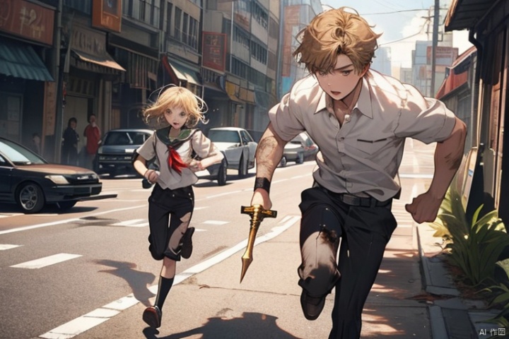 (School: 1.5), a young man with short golden hair, white shirt, black pants, holding a dagger, runs away, and there is an injured person on the ground in the distance