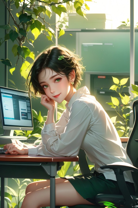 1 girl, short hair, office desk, computer, leaning against computer chair, resting, wearing eye massager, green plants, smiling, earrings, hair accessories, slim fit, guzhuang
