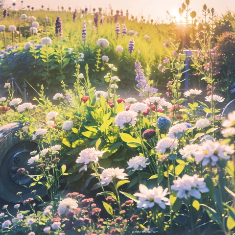  (official art, 8k wallpaper, ultra detailed, High quality, best quality),white flowers ,butterfly,vintage filter,among flowers, backlight,limited_palette,white,field s of flowers, lhj,bright light