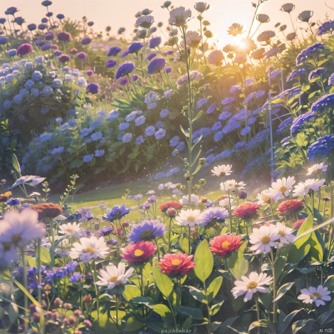  (official art, 8k wallpaper, ultra detailed, High quality, best quality),white flowers ,butterfly,vintage filter,among flowers,Mist shrouded. ,backlight,limited_palette,white,field s of flowers, lhj,bright light