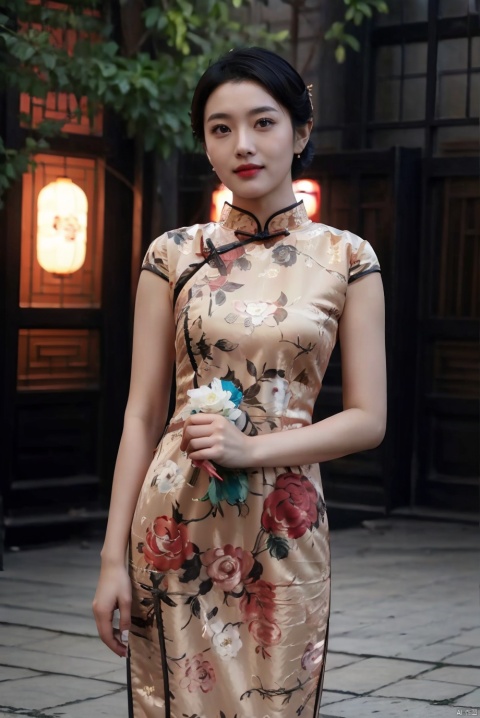  (global illumination, reality,ray tracing, HDR, unreal rendering, reasonable design, high detail, masterpiece,best quality, ultra high definition, movie lighting),
1girl,outdoor,looking_at_viewer,side_blunt_bangs,china_dress,chinese_style,big breasts,pose,solo,1girl,black hair,black eyes, qipao, qipao