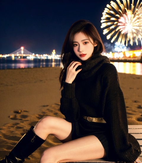  1girl,fashion model,female focus,(masterpiece, realistic, best quality, highly detailed, profession),asian,pretty,Charming eyes,exquisite facial features,bangle,sweater,scarf,skirt,black stockings,boots,sitting,night,neon,beach of city,new year,cinematic composition,,blurry,plns,sw, fireworks, hand101, ((poakl))