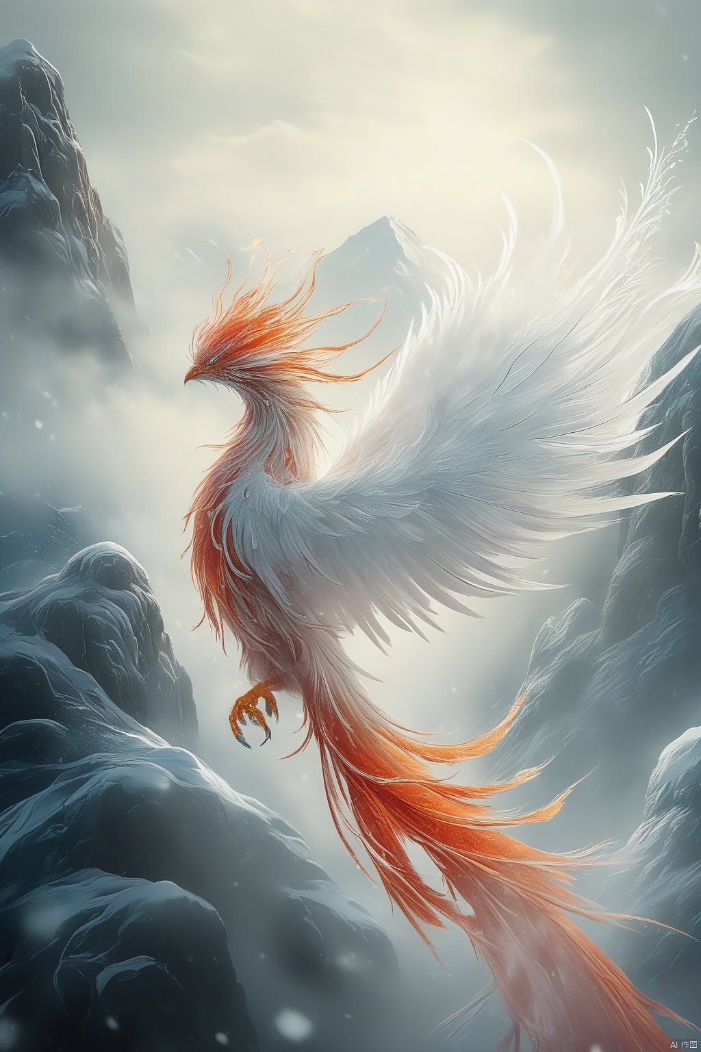  A phoenix formed by ice water, with slender tail feathers fluttering in the wind. Mist covers part of the phoenix's body, and the background is a snowy mountain