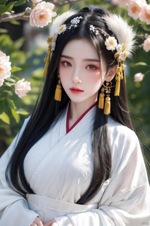 eastern dragon,flower,long hair,chinese clothes,black hair,hanfu,hair ornament,solo,looking ahead,white oriental dragon,white cloud,girl,child,