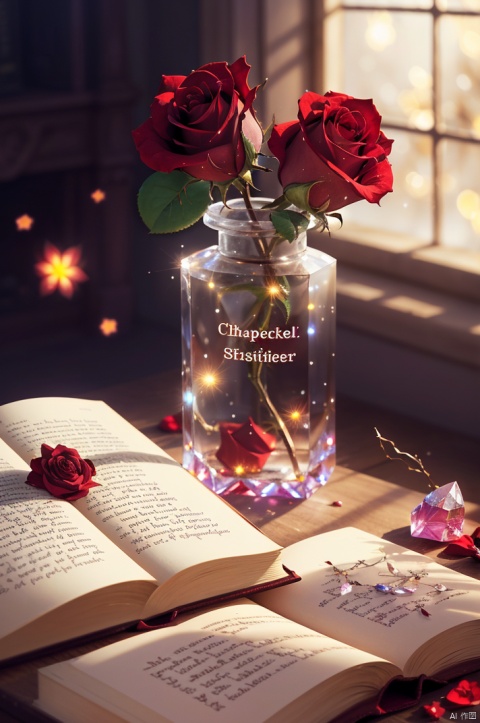 blurry, cnliuli, crystal,sparks,flower, artist name, blurry, english text, book, no humans, sparkle, shadow, rose, red flower, gem, red rose, crystal, still life, cosmetics,