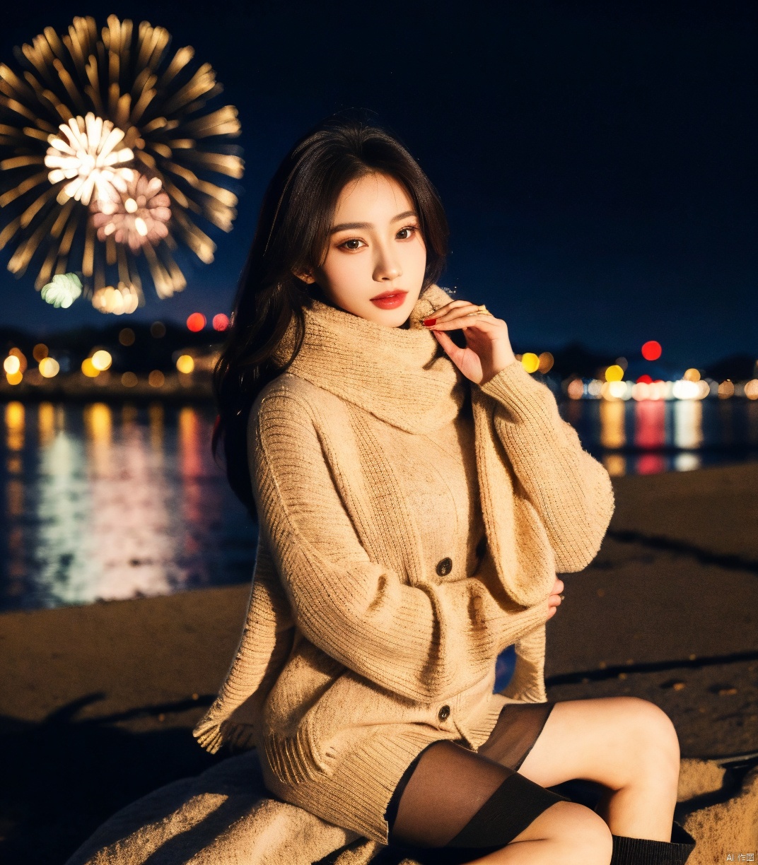  1girl,fashion model,female focus,(masterpiece, realistic, best quality, highly detailed, profession),asian,pretty,Charming eyes,exquisite facial features,bangle,sweater,scarf,skirt,black stockings,boots,sitting,night,neon,beach of city,new year,cinematic composition,,blurry,plns,sw, fireworks, hand101, ((poakl))