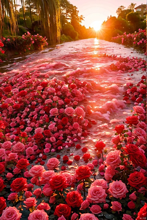  keai, no humans, scenery, flower, outdoors, pink flower, rose, water, pink rose, red flower, tree, sunlight, nature, river, red rose, sky, day, rock,