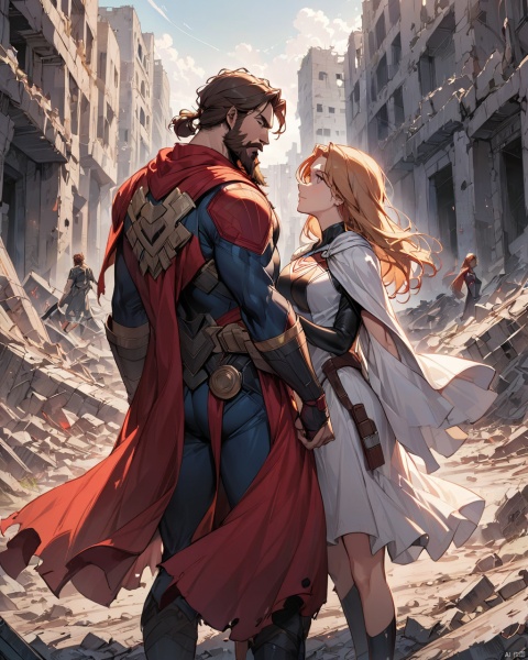  A couple of superhero bearded and woman looking each other in love between a battle scene, marvel like, standing at the ruined city, depth of field, cinematic
