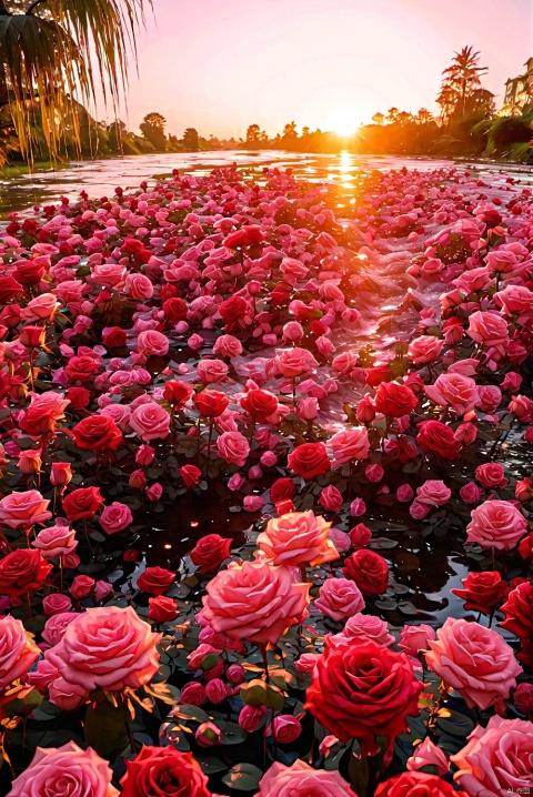  keai, no humans, scenery, flower, outdoors, pink flower, rose, water, pink rose, red flower, tree, sunlight, nature, river, red rose, sky, day, rock,