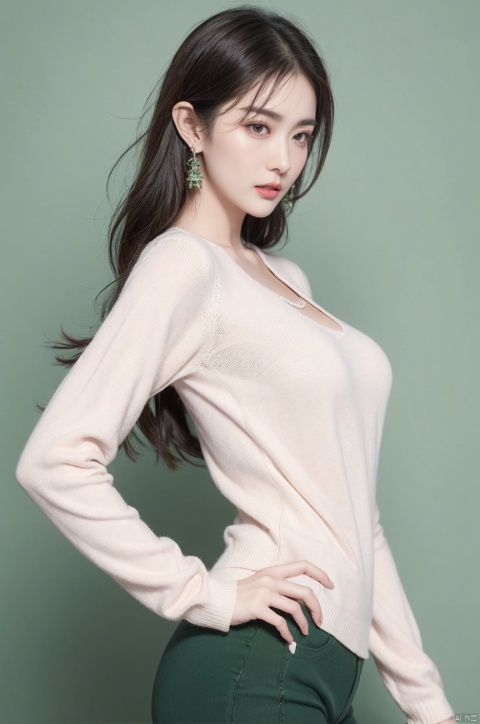  1girl, solo, looking at viewer, bangs, black hair, brown eyes, jewelry, closed mouth, upper body, earrings, medium hair, from side, sweater, lips, makeup, leaf, plant, green background, green theme, green sweater, realistic, Chinese style, 30710, white pantyhose, guofeng,large breasts