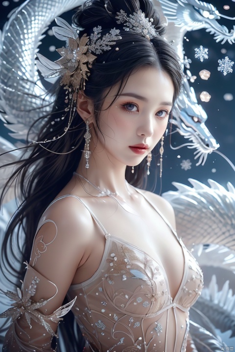  ((best quality)), ((masterpiece)), ((ultra-detailed)), extremely detailed CG, (illustration), ((detailed light)), (an extremely delicate and beautiful), a girl, solo, ((upper body,)), ((cute face)), expressionless, (beautiful detailed eyes), full breasts, (medium breasts:1.2), blue dragon eyes, (Vertical pupil:1.2), white hair, shiny hair, colored inner hair, [Armor_dress], blue_hair ornament, ice adorns hair,depth of field, [ice crystal], (snowflake), dofas