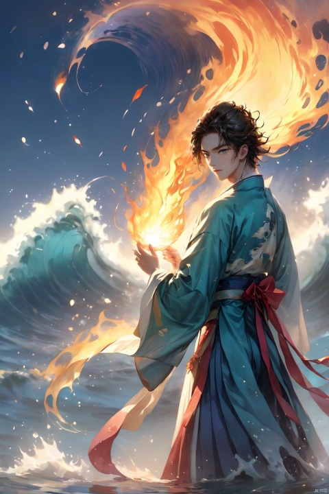  1 boy, upper body, dynamic pose, hanbok, burning hair, shut up, evening, fire, fire, floating hair, liquid, flowing water, water magic, liquid fire, long hair, looking at the audience, ocean, partially submerged, ripples, solo, water, droplets, waves, moisture