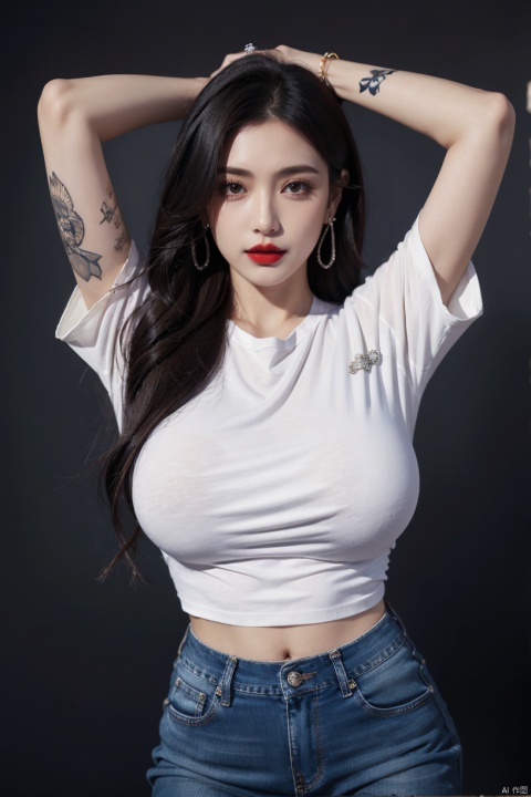  1girl, huge breasts,solo, long hair, shirt, black hair,  jewelry, white shirt, short sleeves, cowboy shot, earrings,pants, hair over one eye, arms up, bracelet, lips, tattoo, piercing, ring, denim, jeans, red lips, piercing,large breasts