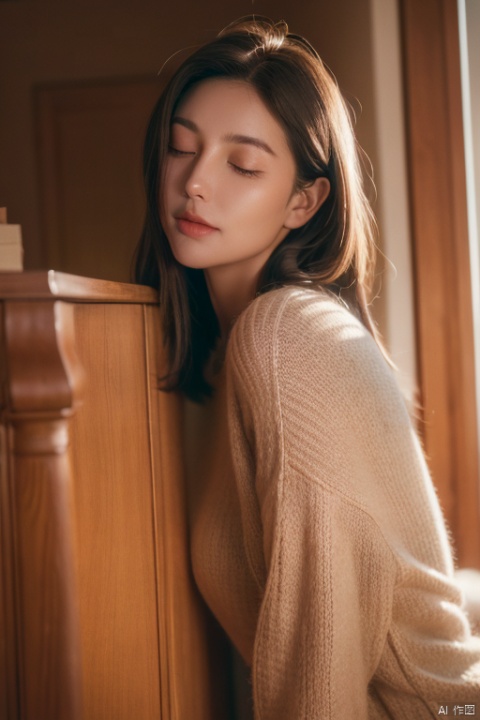 1 girl,European and American,with a side face,short brown hair,exposed ears,a high necked sweater,eyes closed,central composition,lighting,ultra fine,clear focus