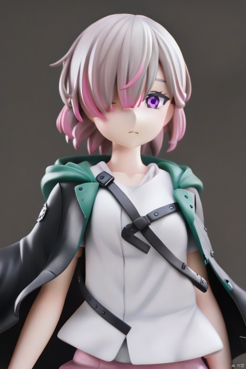 1girl, solo,  looking at viewer,  short hair, bangs, shirt, closed mouth, purple eyes, jacket, pink hair, short sleeves, grey hair, multicolored hair, open clothes, hood, hair over one eye, open jacket,black jacket, hoodie, white jacket, hooded jacket