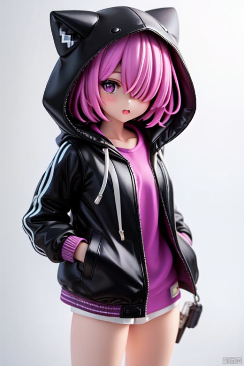 1girl, solo,  looking at viewer,  short hair, bangs, shirt, closed mouth, purple eyes, jacket, pink hair, short sleeves, grey hair, multicolored hair, open clothes, hood, hair over one eye, open jacket,black jacket, hoodie, white jacket, hooded jacket, ( figma:0.8), PVC,NSFW,dark persona