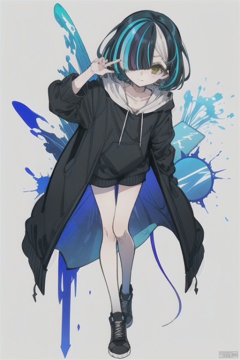 1girl, solo,standing, looking at viewer, short hair, bangs, closed mouth, green eyes, full_body,  blue hair,  hair over one eye, streaked hair, one eye covered, drawstring, , jtc