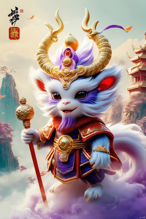 The Monkey King, wearing a gold hoop, purple gold crown on his head, piercing eyes, holding a golden stick in his hand, stepping on colorful auspicious clouds, wearing gold armor and a red cloak