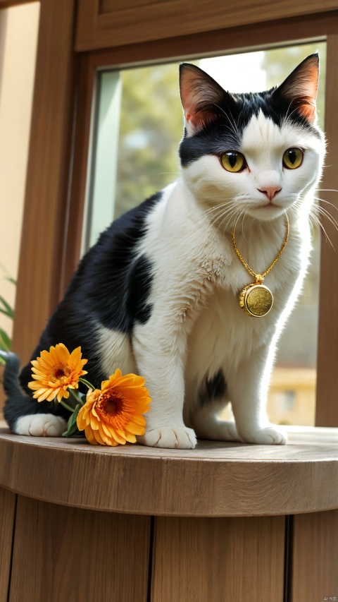  cow cat,orange eyes, solo,gold pendant,colour flowers,no human