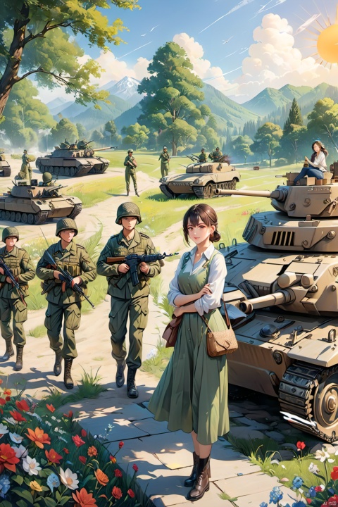 masterpiece, best quality, best quality,official art,extremely detailed CG unity 8k wallpaper,sun day,full body,tank,female soldiers,delicate skin,
Military temperament, wearing camouflage uniforms, holding firearms, 