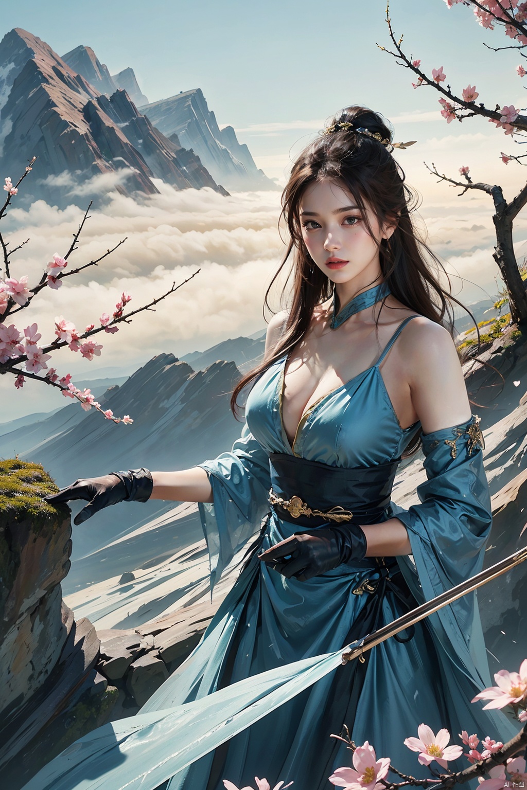  1girl,big breasts,1girl, solo, gloves, dress, long hair, elbow gloves, blue dress, looking at viewer,  poised with a golden bow, arrows fletched with phoenix feathers, fierce determination etched on her face, standing at the edge of a cliff overlooking a vast valley, a distant mountain range shrouded in mist, a solitary cherry blossom tree in bloom beside her, symbolizing beauty amidst chaos, inspired by Ming dynasty paintings with soft brush strokes and vibrant colors, evoking a sense of mythical heroism and strength,