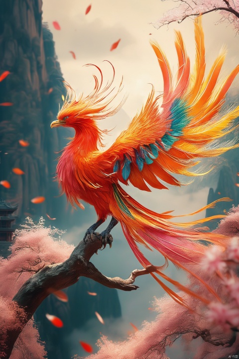 Mythical beast phoenix, ((open wings, ))colorful feathers, standing on the plane tree, realistic, exquisite eyes, ((positive view)),(( facing the audience)), there are mountains in the distance Qiongge, background Dingdaer light, There are pink petals falling down,movie special effects light