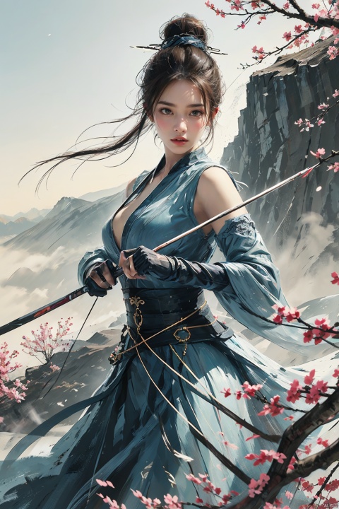  1girl,big breasts,1girl, solo, gloves, dress, long hair, elbow gloves, blue dress, looking at viewer,  poised with a golden bow, arrows fletched with phoenix feathers, fierce determination etched on her face, standing at the edge of a cliff overlooking a vast valley, a distant mountain range shrouded in mist, a solitary cherry blossom tree in bloom beside her, symbolizing beauty amidst chaos, inspired by Ming dynasty paintings with soft brush strokes and vibrant colors, evoking a sense of mythical heroism and strength,寮�