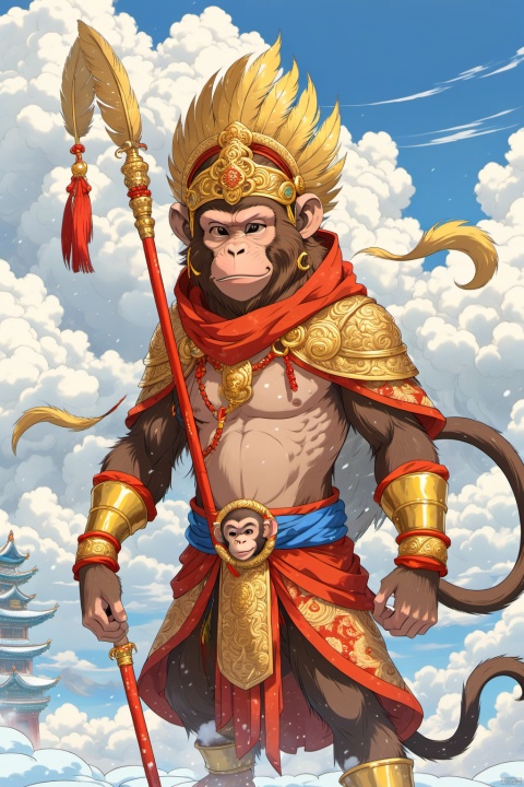Solo, Monkey, Monkey King, head with a gold hoop, ((monkey head with two long feathers)), ((golden stick with a pattern)),(( standing on the cloud)), weapons, hood, cloak, armor, light, hand guard, cloak, blue sky, cloud, other, hood, snow, one knee, full armor, gender ambiguity
