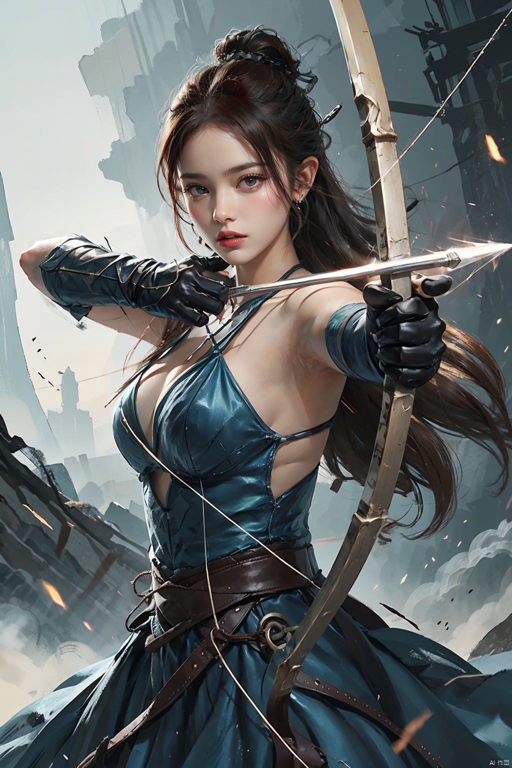  1girl,big breasts,1girl, solo, gloves, dress, long hair, elbow gloves, blue dress, looking at viewer,  on the shoulder of the elven huntress is a magnificent falcon, she wields a finely crafted longbow, its string taut with a creak, arrows poised silently within the quiver, awaiting release, rich colors,Gothic style,movie lighting,God Ray,best quality,Ultra HD,depth of field,bigscenes,
